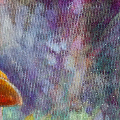 Detail of textured oil paint showing purple and green forest background beneath redwoods.