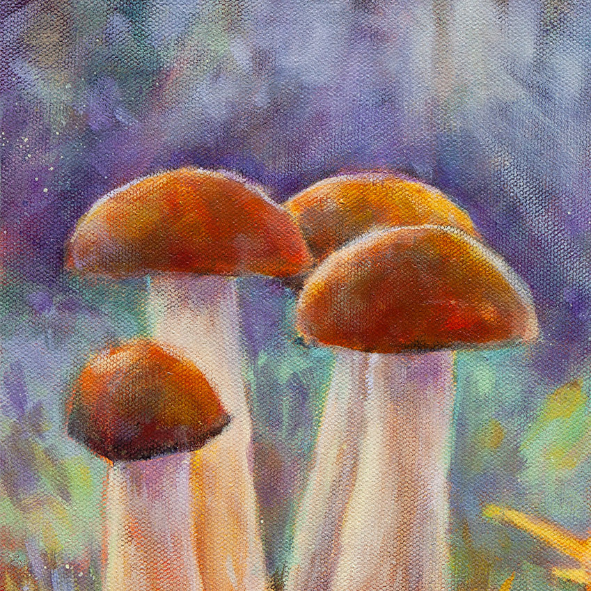 Close-up oil painting detail of four brown-capped mushrooms with pale stems in a soft-focus woodland setting.