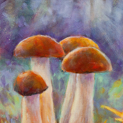 Close-up oil painting detail of four brown-capped mushrooms with pale stems in a soft-focus woodland setting.