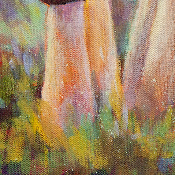 Detail of mushroom stems surrounded by moss and forest floor foliage in textured oil paint.