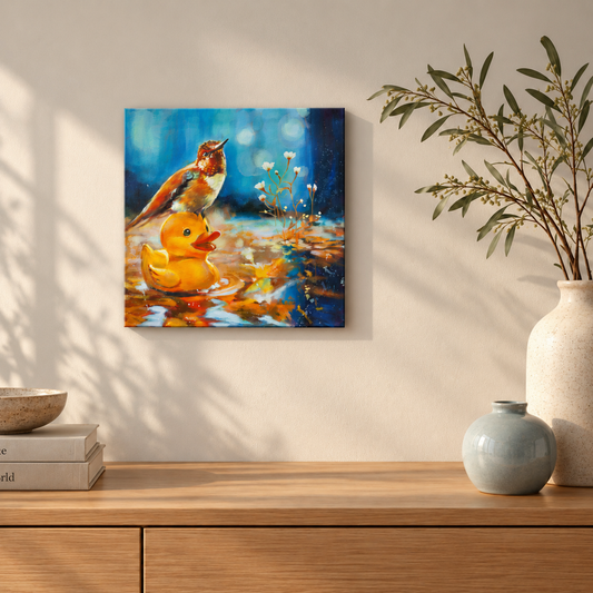 Rubber duck and hummingbird art print displayed above a natural wood cabinet in a warm, sunlit interior with neutral decor, greenery, and soft organic textures.