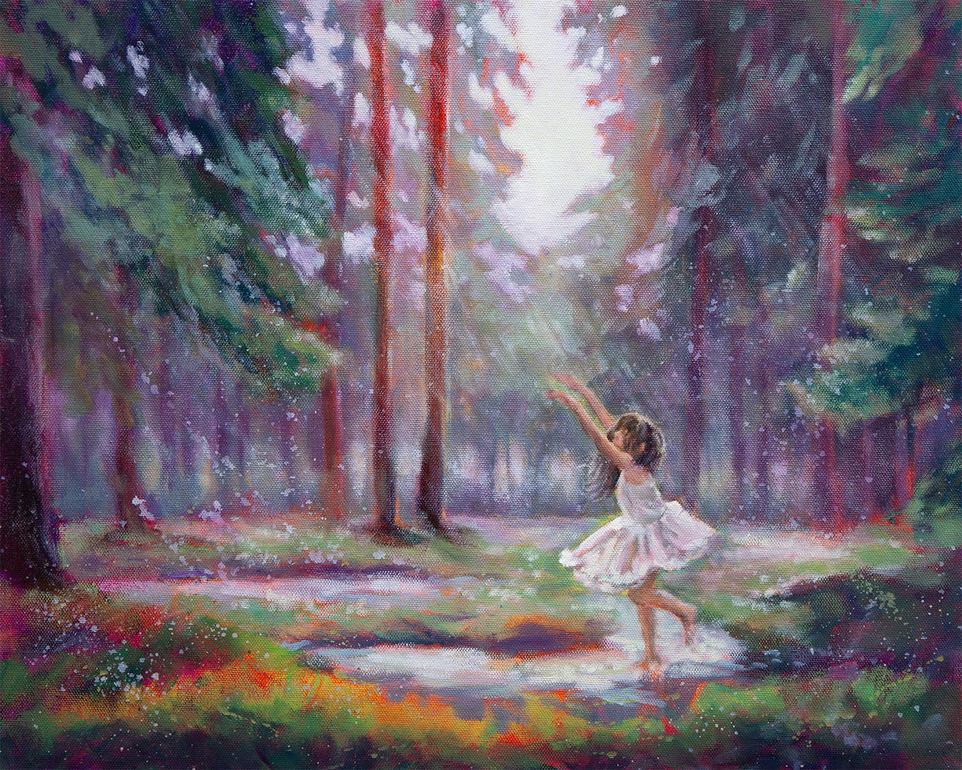 Oil painting of young girl dancing barefoot in forest rain with soft light filtering through trees.