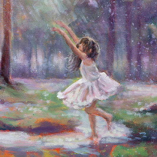 Detail of young girl in white dress moving through rain in forest, oil on canvas.