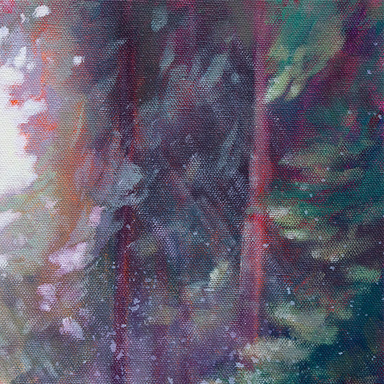 Textured brushwork of forest foliage and rain atmosphere in oil paint.