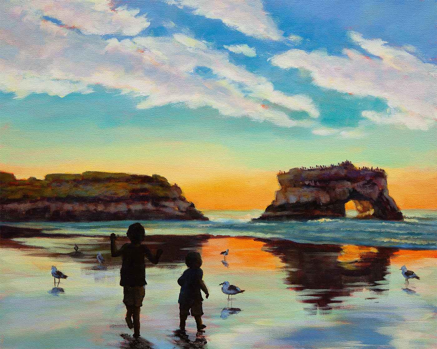 Oil painting of two children standing in wet sand at a Santa Cruz beach sunset with coastal cliffs and natural sea arch.
