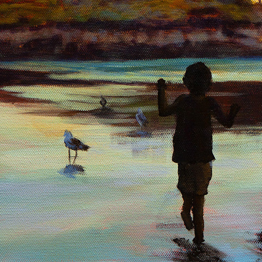 Detail of child silhouette walking in reflective sand at Santa Cruz beach at sunset, oil on canvas.