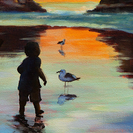Detail of child and seagull reflected in shallow water at Santa Cruz shoreline, oil painting.