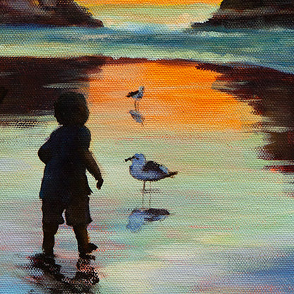 Detail of child and seagull reflected in shallow water at Santa Cruz shoreline, oil painting.
