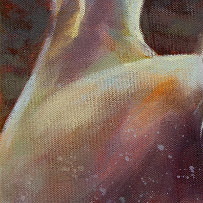 Expressive brushstrokes showing the back of a resting seal in warm lavender, peach, and soft teal tones, painted with smooth blended texture.