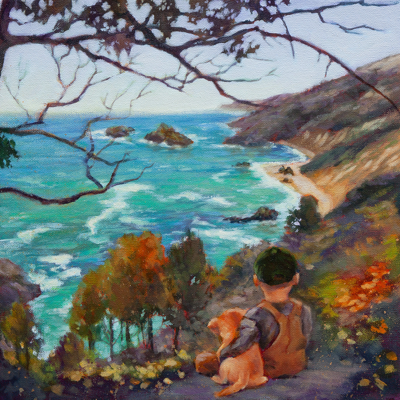 Oil painting of a boy and his dog overlooking the Big Sur California coastline.