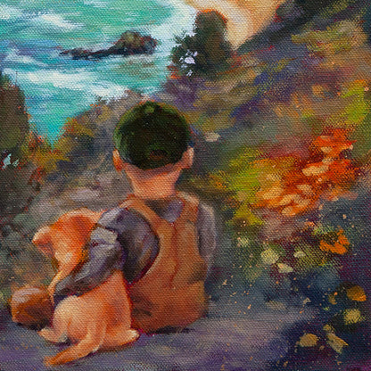 Detail of boy and golden dog sitting together above coastal cliffs.