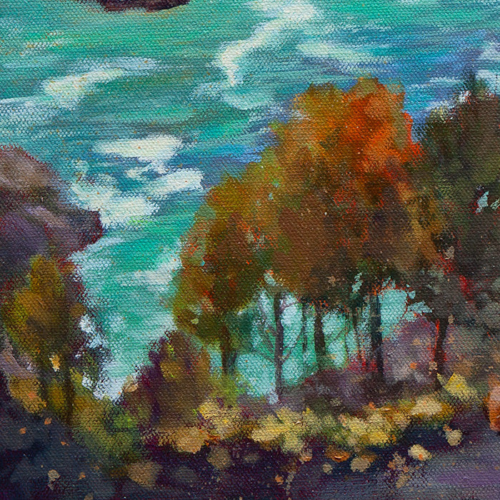Detail of colorful trees overlooking California coastal cliffs.