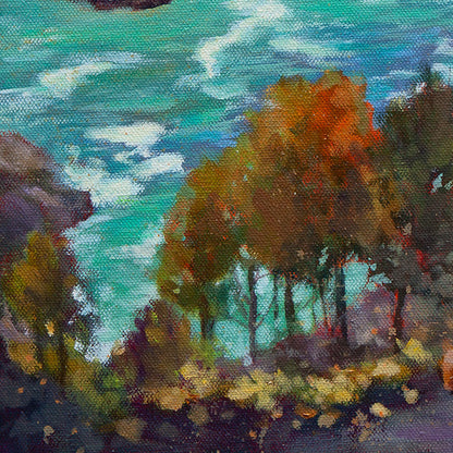 Detail of colorful trees overlooking California coastal cliffs.