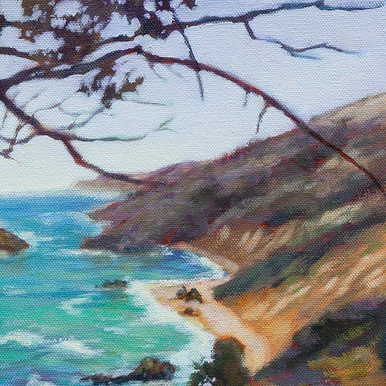 Rocky Big Sur cliffs and sandy beach with ocean waves.