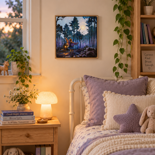 Lantern Keeper art print displayed in a cozy bedroom with warm wood, lavender accents, plants, and soft lighting, featuring a child exploring a moonlit forest.