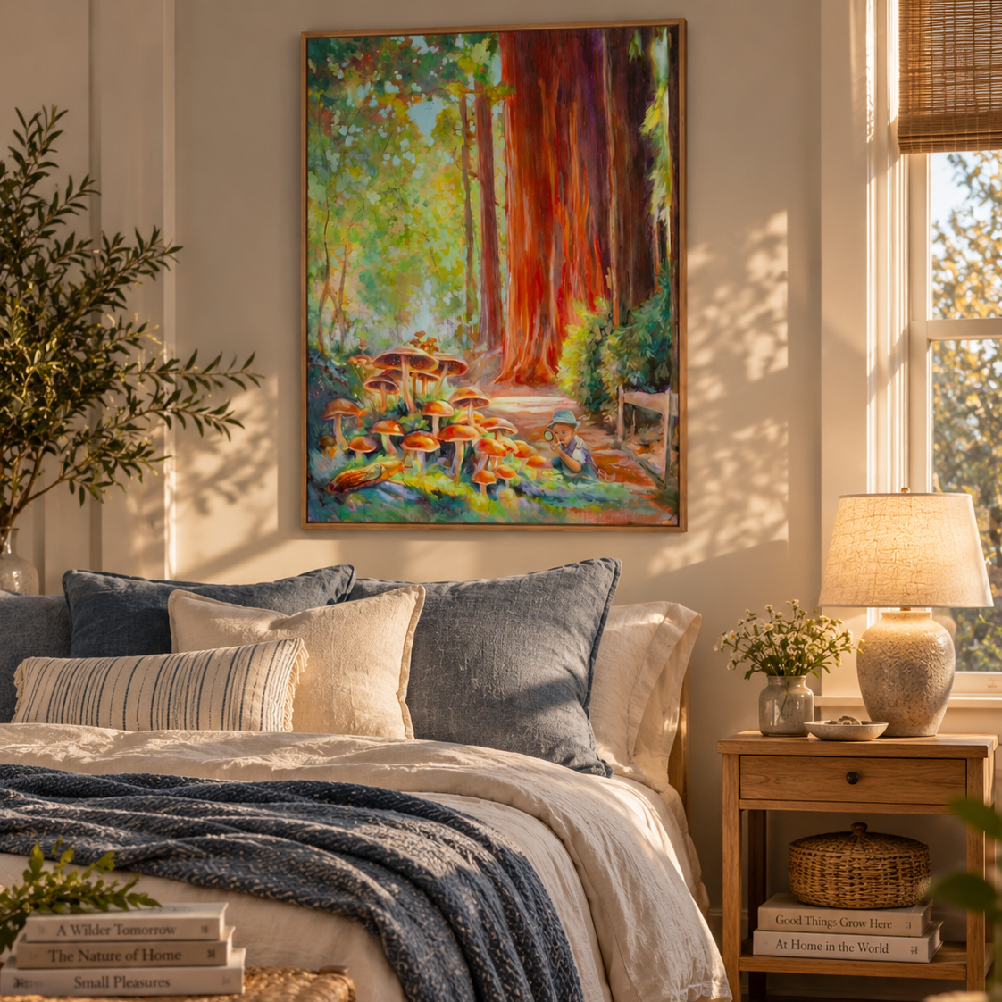 Beneath the Redwoods art print displayed in a cozy neutral bedroom with blue accents and natural textures, featuring a child discovering mushrooms beneath towering California redwood trees.