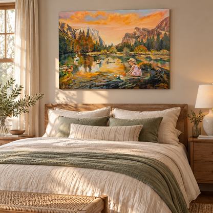 Yosemite landscape art print displayed above a bed in a warm, nature-inspired bedroom with natural wood furniture, sage green accents, woven textures, and soft neutral decor.