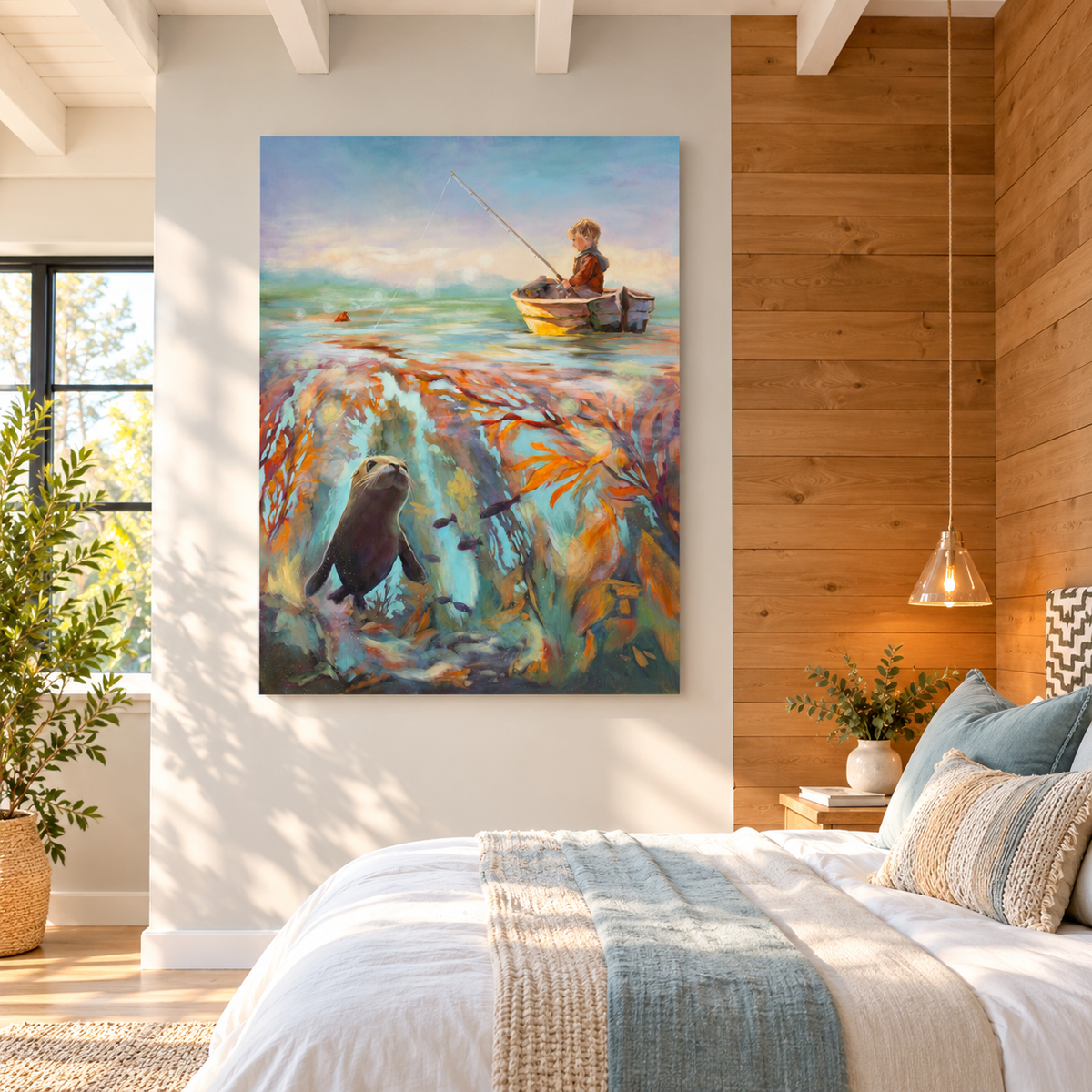 Colorful coastal oil painting by Martina Goulart featuring a young boy fishing from a boat above an underwater world with a curious sea otter, fish, and vibrant kelp forest, displayed in a bright, cozy bedroom with warm wood accents and natural decor.