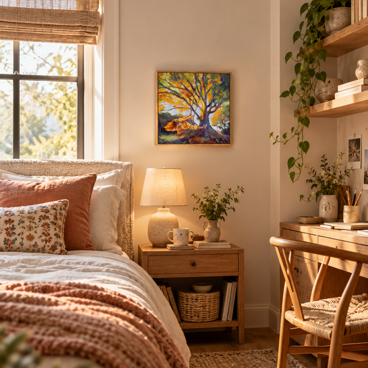 Colorful painting of a girl swinging beneath a golden autumn tree, displayed in a cozy neutral bedroom with natural wood furniture, warm sunlight, and soft terracotta accents. Imaginative wall art for a bedroom or reading nook.