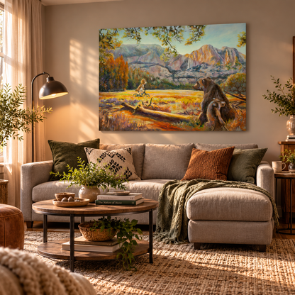Wearing the Wild large landscape painting displayed above a neutral sofa in a cozy living room with warm sunlight, natural wood, and earthy green accents, featuring a child cycling through Yosemite Valley past two bears.