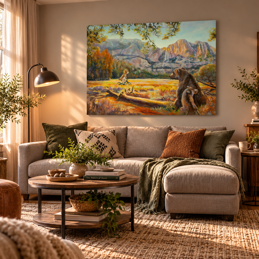 Wearing the Wild large landscape painting displayed above a neutral sofa in a cozy living room with warm sunlight, natural wood, and earthy green accents, featuring a child cycling through Yosemite Valley past two bears.