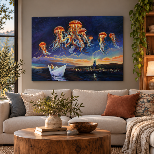 36x24-inch imaginative oil painting by Martina Goulart featuring glowing jellyfish above a lighthouse and a girl in a paper boat, displayed in a cozy modern living room with a neutral sofa and natural wood accents.