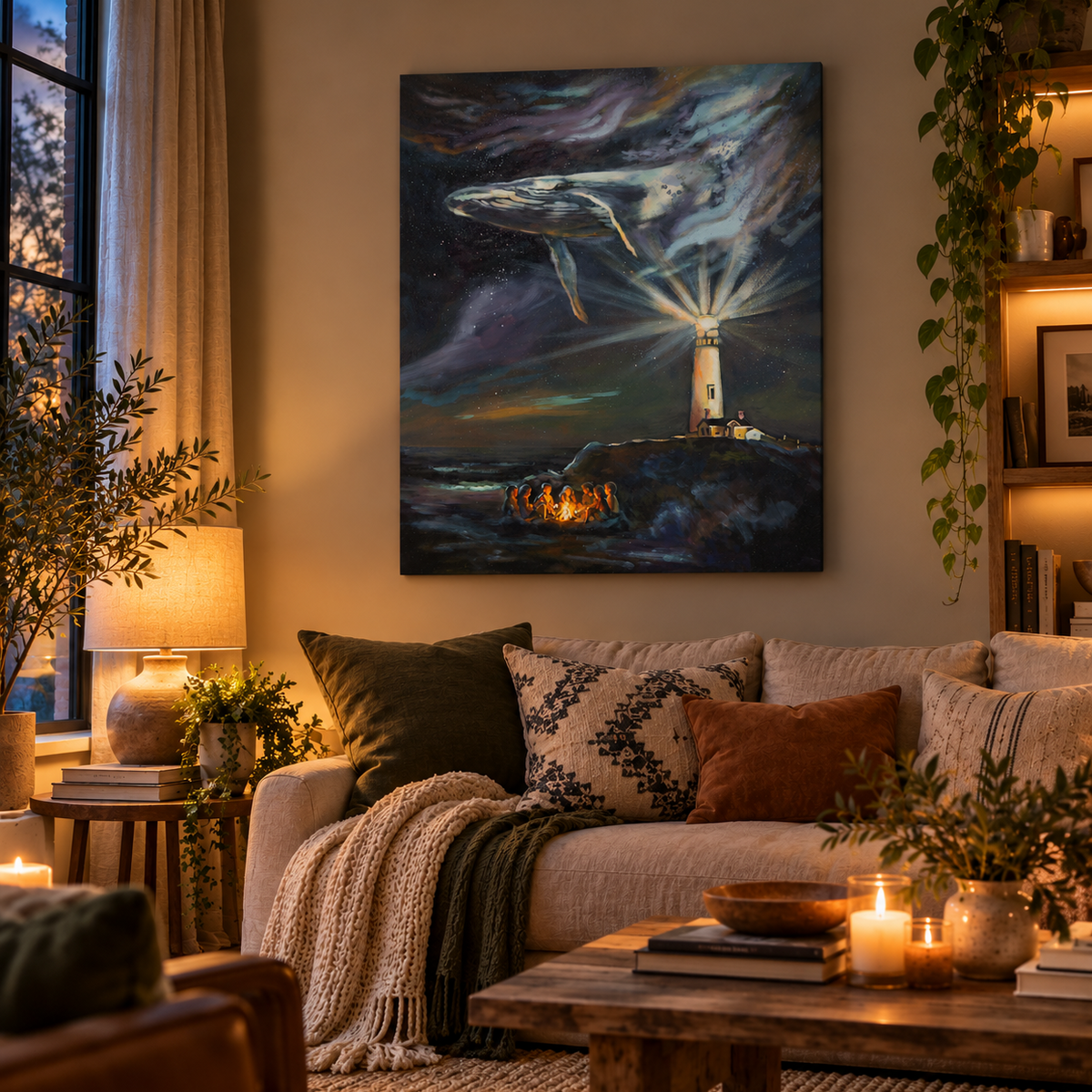 When the Night Learnt to Dream oil painting displayed above a neutral sofa in a cozy living room with warm evening lighting, featuring a humpback whale soaring through a starry sky above a glowing lighthouse and children gathered around a campfire.