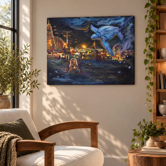 Magical Santa Cruz oil painting by Martina Goulart displayed in a cozy reading nook with a cream armchair, natural wood furniture, and soft sunlight. The imaginative artwork features a girl beneath a flying blue sea turtle above the glowing Santa Cruz Beach Boardwalk at night.