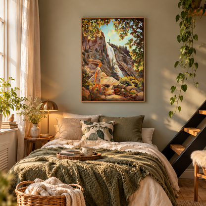 Nevada Fall landscape art print displayed above a cozy bed with sage green blankets, natural wood furniture, and warm sunlight, featuring a young girl exploring a waterfall in Yosemite National Park, California.