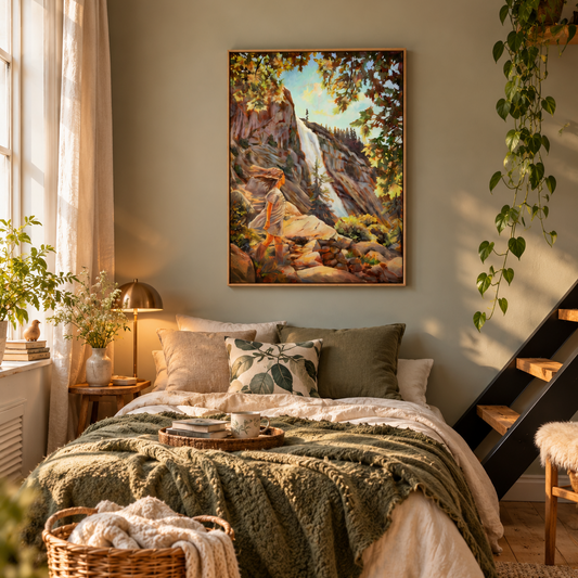 Nevada Fall landscape art print displayed above a cozy bed with sage green blankets, natural wood furniture, and warm sunlight, featuring a young girl exploring a waterfall in Yosemite National Park, California.