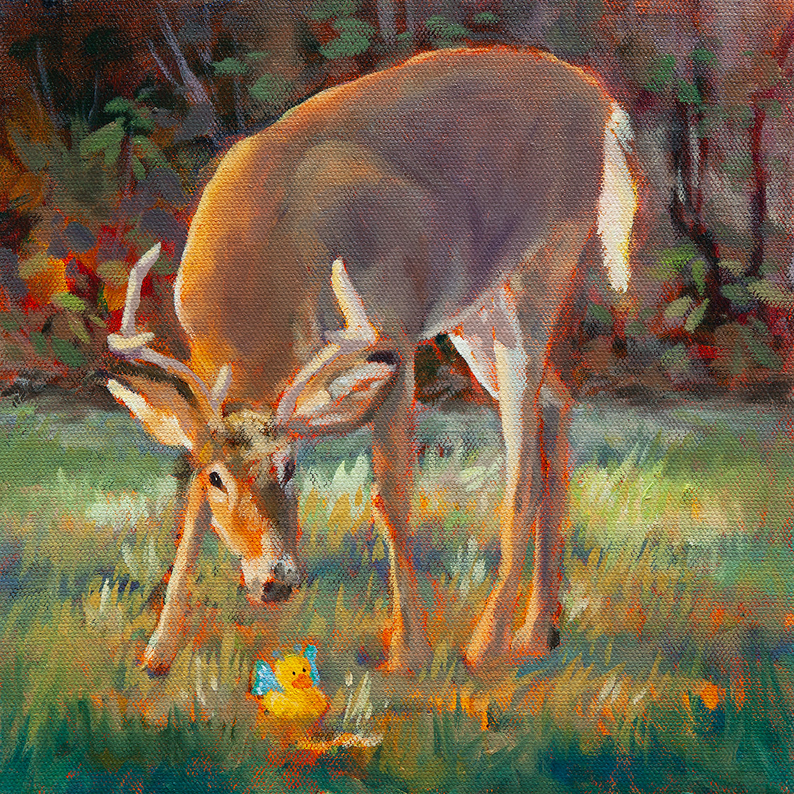 Original painting of a deer with tan and golden-brown fur sniffing a yellow duck with blue wings in golden grass by the redwoods, by Martina Goulart.