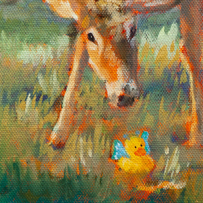 Close-up of a deer’s golden face and dark eyes leaning toward a yellow duck with blue wings on golden grass from Curious Heart by Martina Goulart.