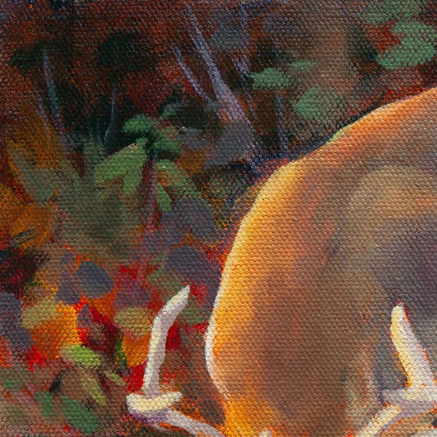 Detail of a deer’s golden-brown back in sunlight with dark brown and purple forest and twigs with green leaves from Curious Heart.