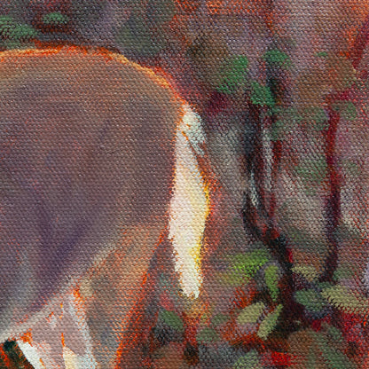 Detail of a deer’s sunlit tail in warm brown tones with tree trunks and soft green forest background from Curious Heart, wildlife painting.