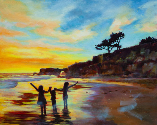 Oil painting of three children standing in reflective wet sand at Santa Cruz Dog Beach near the lighthouse at sunset.