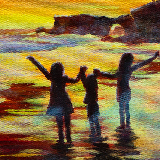 Detail of three children holding hands at shoreline during Santa Cruz sunset, oil on canvas.