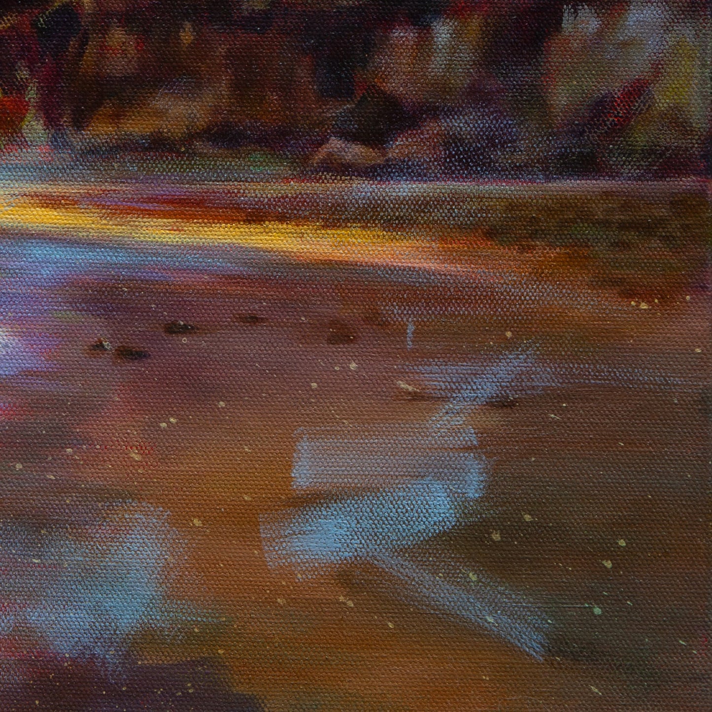 Detail of wet sand reflecting orange and gold sunset light at Santa Cruz Dog Beach.