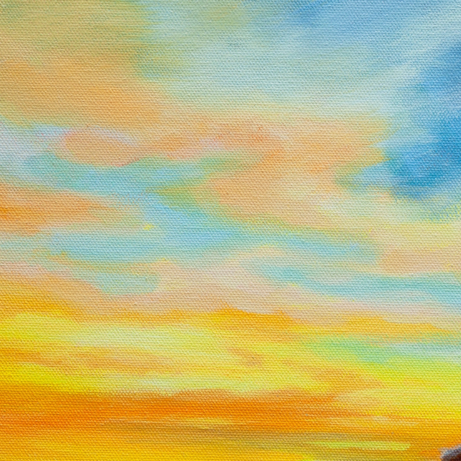 Soft blue and gold sunset sky over Santa Cruz coastline, oil painting detail.