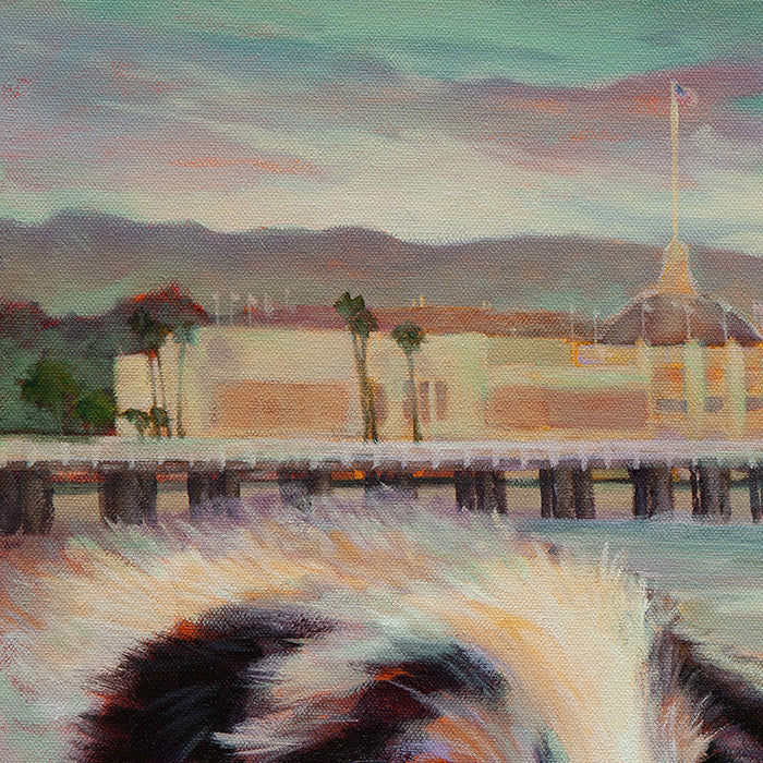 Detail of the yellow Santa Cruz Beach Boardwalk building from the original dog painting by Martina Goulart.
