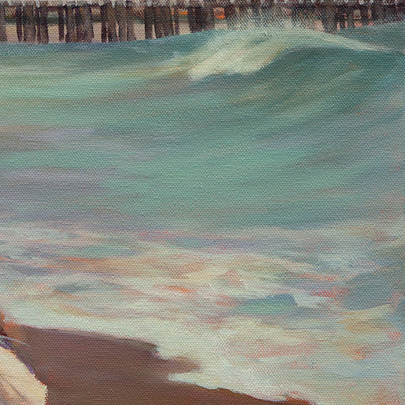 Detail of teal and purple ocean waves from the original Santa Cruz Beach Boardwalk dog painting
