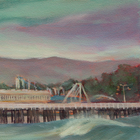 Close-up of the Santa Cruz Beach Boardwalk rollercoasters from Martina Goulart’s coastal dog painting