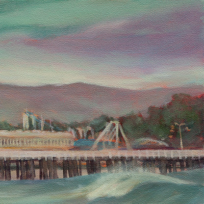 Close-up of the Santa Cruz Beach Boardwalk rollercoasters from Martina Goulart’s coastal dog painting