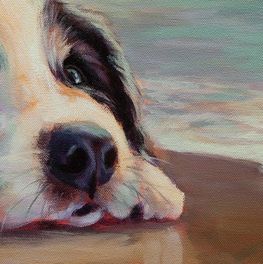 Close-up of the dog’s nose and face from the original Santa Cruz coastal painting by Martina Goulart.