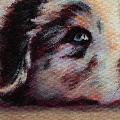 Detail of the dog’s eye and ear showing expressive brushwork from Martina Goulart’s Santa Cruz Boardwalk painting.