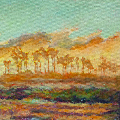 Close-up of a glowing wetland horizon with palm trees in an original oil painting, layered brushstrokes capturing light, atmosphere, and the expansive feeling of the Everglades.