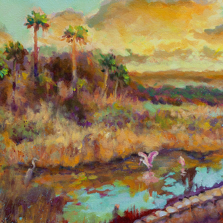 Detail of marshland with water, grasses, and birds in a wildlife oil painting, expressive color and texture evoking quiet movement and life in a wetland environment.