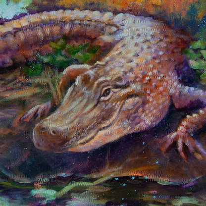 Close-up of an alligator resting in shallow water in an original oil painting, detailed brushwork capturing texture, presence, and the calm watchfulness of wildlife.