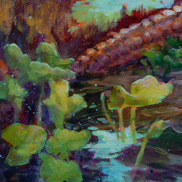 Close-up of aquatic plants and water reflections in a wetland oil painting, rich color and texture conveying the quiet, living landscape surrounding wildlife.