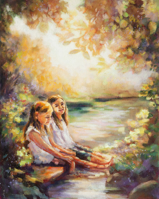 Oil painting of two young girls sitting side by side in warm sunlight near water surrounded by greenery.