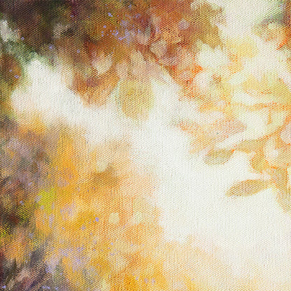 Detail of glowing leaves and warm sunlight filtering through trees.